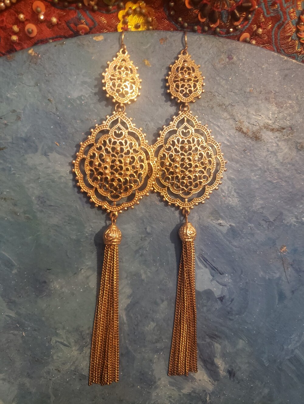 Vintage Gold Filigree Statement Earrings Chain Tassel Drop Dangle Boho